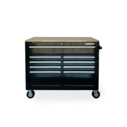 Husky 46 In. X 25 In. D 9-Drawer Mobile Workbench With Adjustable Height Wood Top In Gloss Black 24 Husky 46 In. X 25 In. D 9-Drawer Mobile Workbench With Adjustable Height Wood Top In Gloss Black -Husky Shop gloss black with silver trim husky mobile workbenches holc4609b11m 1f 1000