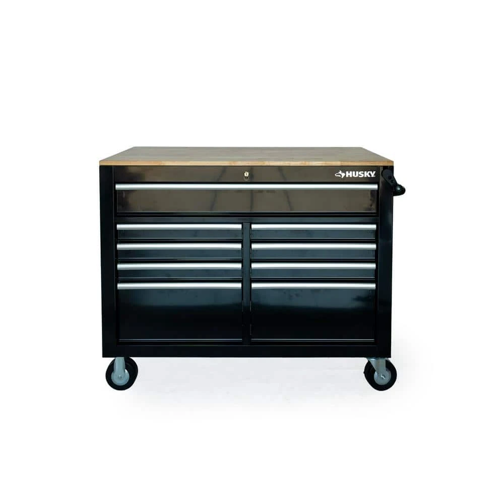 Husky 46 In. X 25 In. D 9-Drawer Mobile Workbench With Adjustable Height Wood Top In Gloss Black 10 Husky 46 In. X 25 In. D 9-Drawer Mobile Workbench With Adjustable Height Wood Top In Gloss Black - Image 10