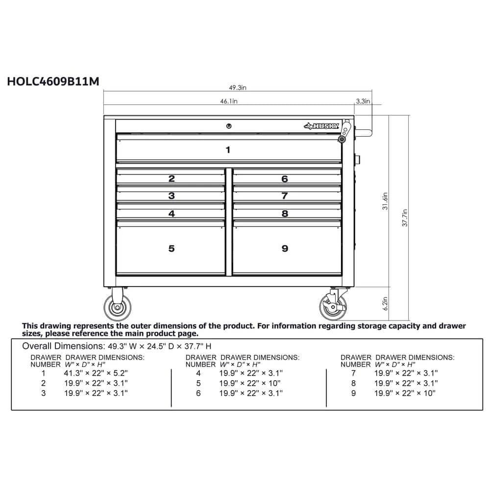 Husky 46 In. X 25 In. D 9-Drawer Mobile Workbench With Adjustable Height Wood Top In Gloss Black 3 Husky 46 In. X 25 In. D 9-Drawer Mobile Workbench With Adjustable Height Wood Top In Gloss Black - Image 3