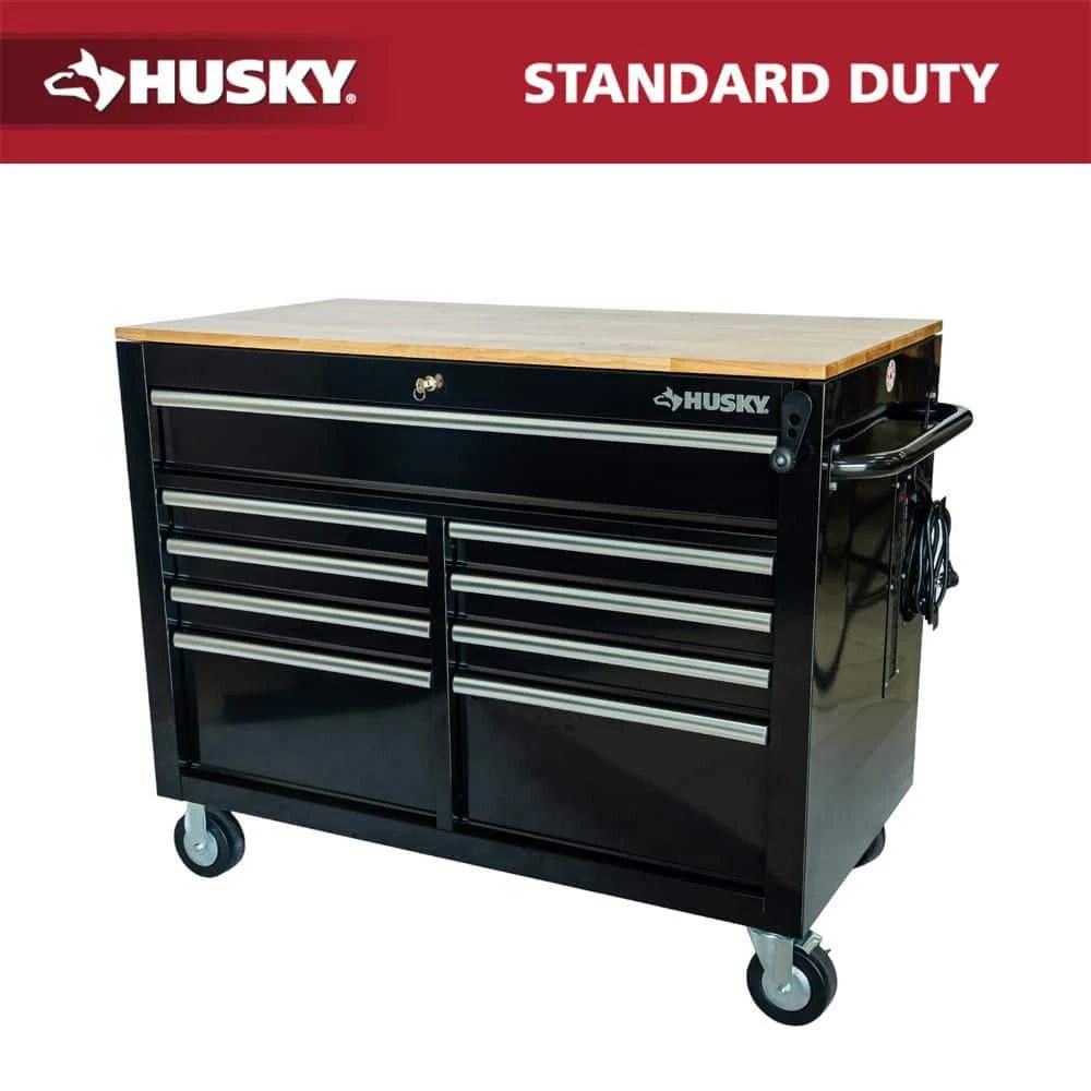 Husky 46 In. X 25 In. D 9-Drawer Mobile Workbench With Adjustable Height Wood Top In Gloss Black 1 Husky 46 In. X 25 In. D 9-Drawer Mobile Workbench With Adjustable Height Wood Top In Gloss Black
