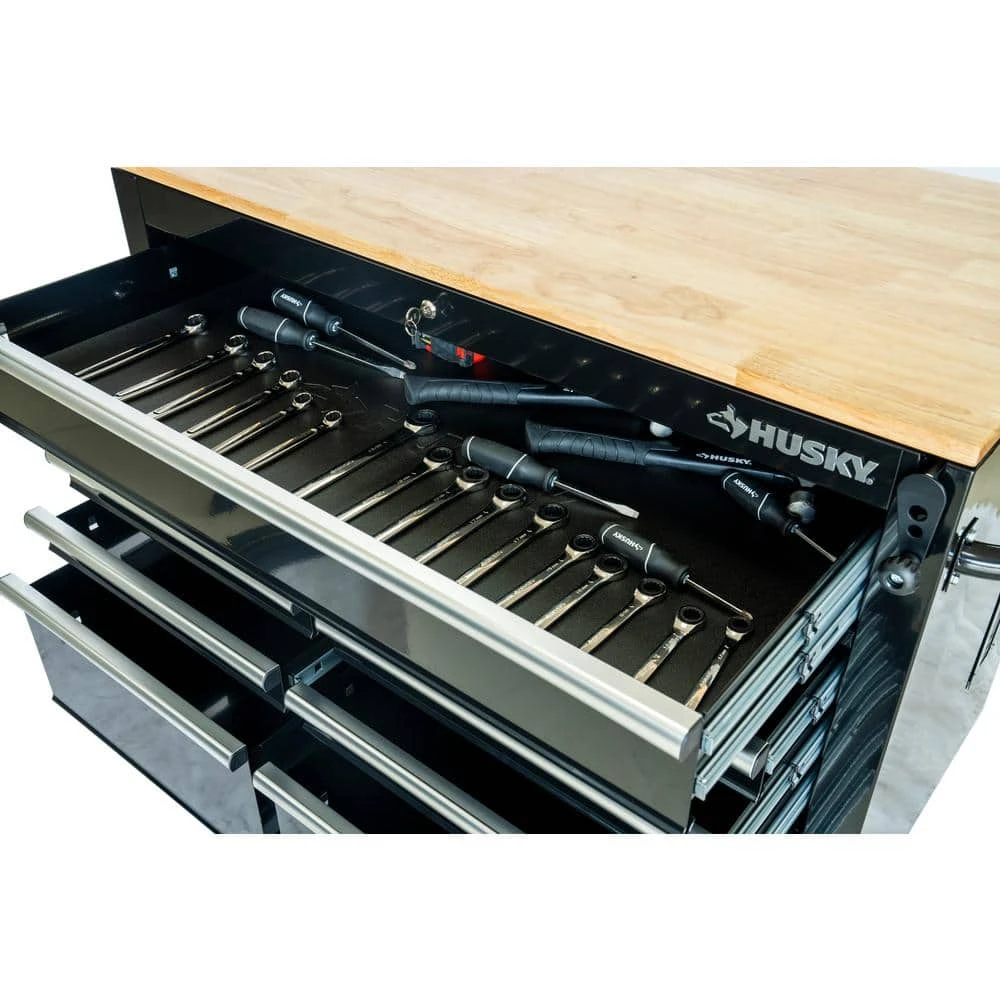 Husky 46 In. X 25 In. D 9-Drawer Mobile Workbench With Adjustable Height Wood Top In Gloss Black 6 Husky 46 In. X 25 In. D 9-Drawer Mobile Workbench With Adjustable Height Wood Top In Gloss Black - Image 6