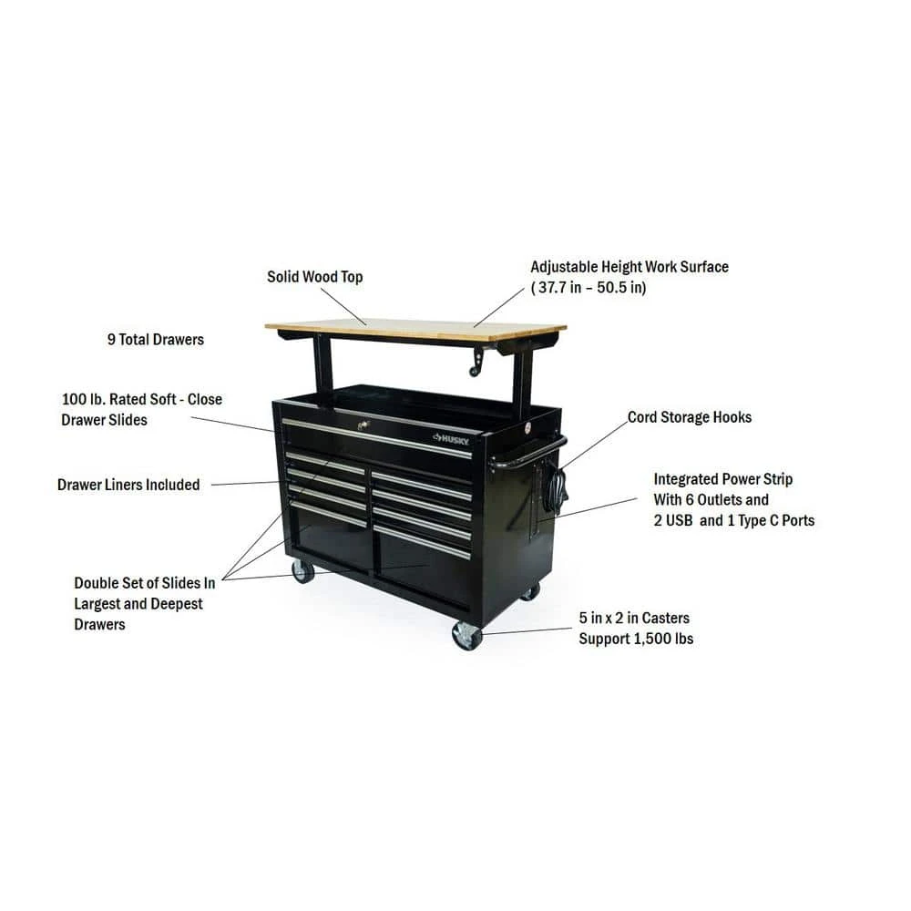 Husky 46 In. X 25 In. D 9-Drawer Mobile Workbench With Adjustable Height Wood Top In Gloss Black 7 Husky 46 In. X 25 In. D 9-Drawer Mobile Workbench With Adjustable Height Wood Top In Gloss Black - Image 7