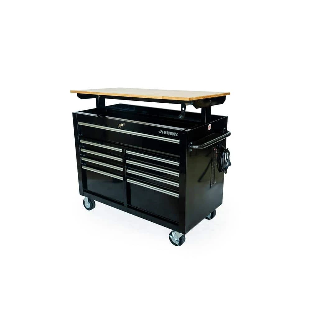 Husky 46 In. X 25 In. D 9-Drawer Mobile Workbench With Adjustable Height Wood Top In Gloss Black 8 Husky 46 In. X 25 In. D 9-Drawer Mobile Workbench With Adjustable Height Wood Top In Gloss Black - Image 8