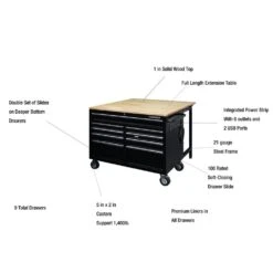 Husky Tool Storage 46 In. W X 51 In. D Standard Duty Black Mobile Workbench Cabinet With Solid Top Full Length Extension Table -Husky Shop gloss black with silver trim husky mobile workbenches hotc4609b15m 1d 1000