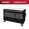 Husky 52 In. W X 25 In. D Standard Duty 9-Drawer Mobile Workbench Tool Chest With Solid Wood Top In Gloss Black -Husky Shop gloss black with silver trim husky mobile workbenches hotc5209b12m 64 1000