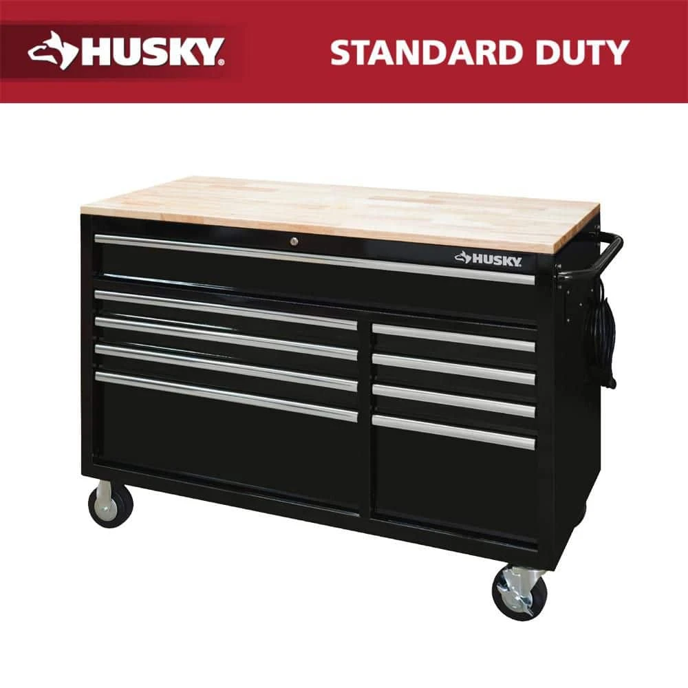 Husky 52 In. W X 25 In. D Standard Duty 9-Drawer Mobile Workbench Tool Chest With Solid Wood Top In Gloss Black 1 Husky 52 In. W X 25 In. D Standard Duty 9-Drawer Mobile Workbench Tool Chest With Solid Wood Top In Gloss Black