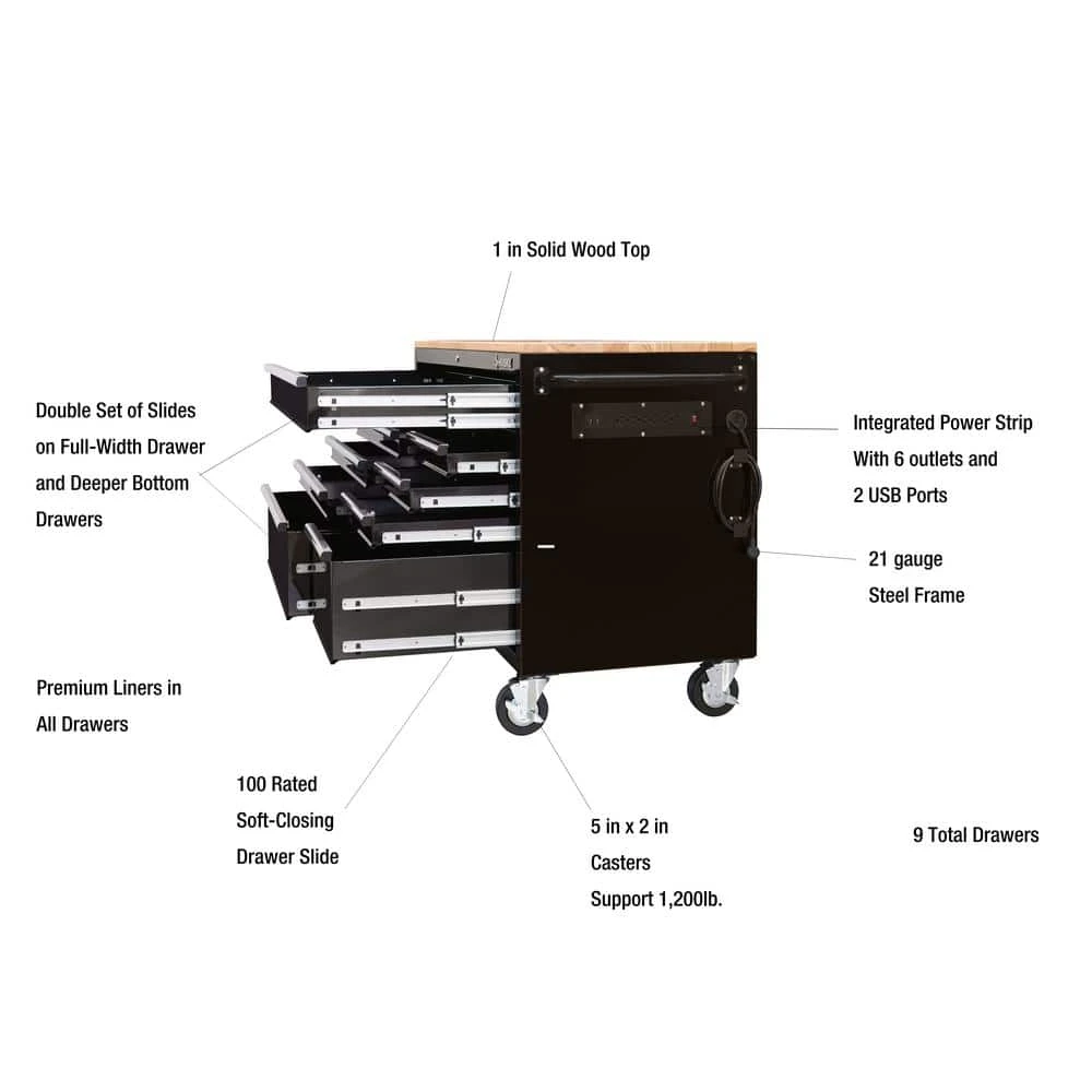 Husky 52 In. W X 25 In. D Standard Duty 9-Drawer Mobile Workbench Tool Chest With Solid Wood Top In Gloss Black 2 Husky 52 In. W X 25 In. D Standard Duty 9-Drawer Mobile Workbench Tool Chest With Solid Wood Top In Gloss Black - Image 2