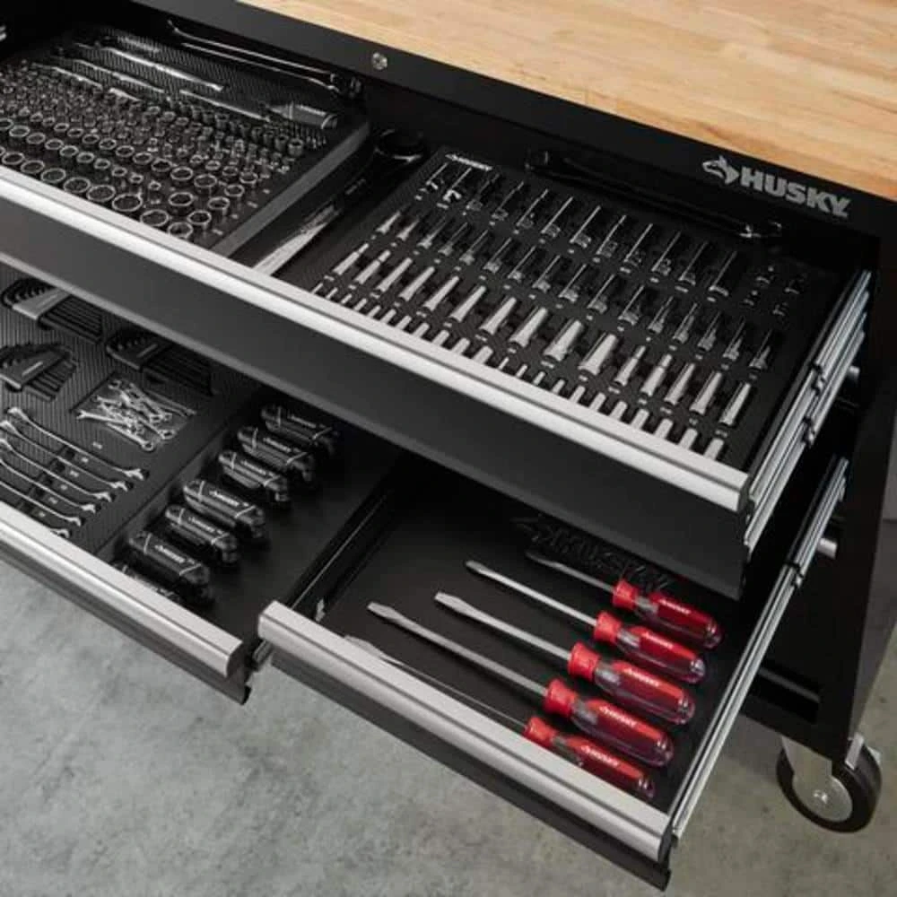 Husky 52 In W X 24.5 In. D Standard Duty 9-Drawer Workbench With 290-Piece Mechanics Tool Set In EVA Trays In Gloss Black 11 Husky 52 In W X 24.5 In. D Standard Duty 9-Drawer Workbench With 290-Piece Mechanics Tool Set In EVA Trays In Gloss Black - Image 11