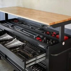 Husky 52 In W X 24.5 In. D Standard Duty 9-Drawer Workbench With 290-Piece Mechanics Tool Set In EVA Trays In Gloss Black 22 Husky 52 In W X 24.5 In. D Standard Duty 9-Drawer Workbench With 290-Piece Mechanics Tool Set In EVA Trays In Gloss Black -Husky Shop gloss black with silver trim husky mobile workbenches hotc5209b12mcmb 4f 1000