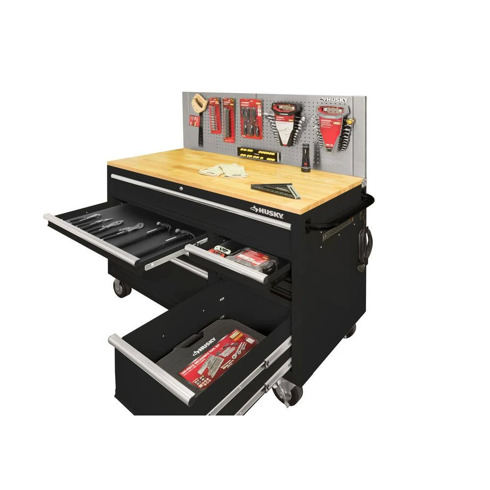 Husky 52 In. W X 24.5 In. D 9-Drawer Standard Duty Mobile Workbench Tool Chest With Solid Work Top And Pegboard In Gloss Black 10 Husky 52 In. W X 24.5 In. D 9-Drawer Standard Duty Mobile Workbench Tool Chest With Solid Work Top And Pegboard In Gloss Black - Image 10