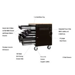 Husky 52 In. W X 24.5 In. D 9-Drawer Standard Duty Mobile Workbench Tool Chest With Solid Work Top And Pegboard In Gloss Black 24 Husky 52 In. W X 24.5 In. D 9-Drawer Standard Duty Mobile Workbench Tool Chest With Solid Work Top And Pegboard In Gloss Black -Husky Shop gloss black with silver trim husky mobile workbenches hotc5209b13m 76 1000