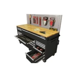 Husky 72 In. W X 24 In. D 18-Drawer Standard Duty Mobile Workbench Cabinet With Solid Wood Top And Pegboard In Gloss Black -Husky Shop gloss black with silver trim husky mobile workbenches hotc7218b13m 77 1000