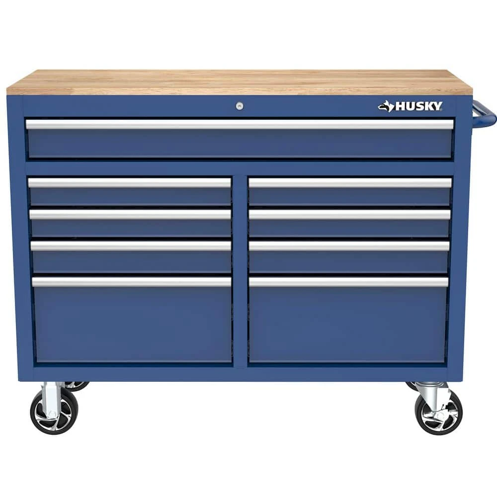 Husky Tool Storage 46 In. W X 18 In. D 9-Drawer Gloss Blue Mobile Workbench Cabinet 4 Husky Tool Storage 46 In. W X 18 In. D 9-Drawer Gloss Blue Mobile Workbench Cabinet - Image 4