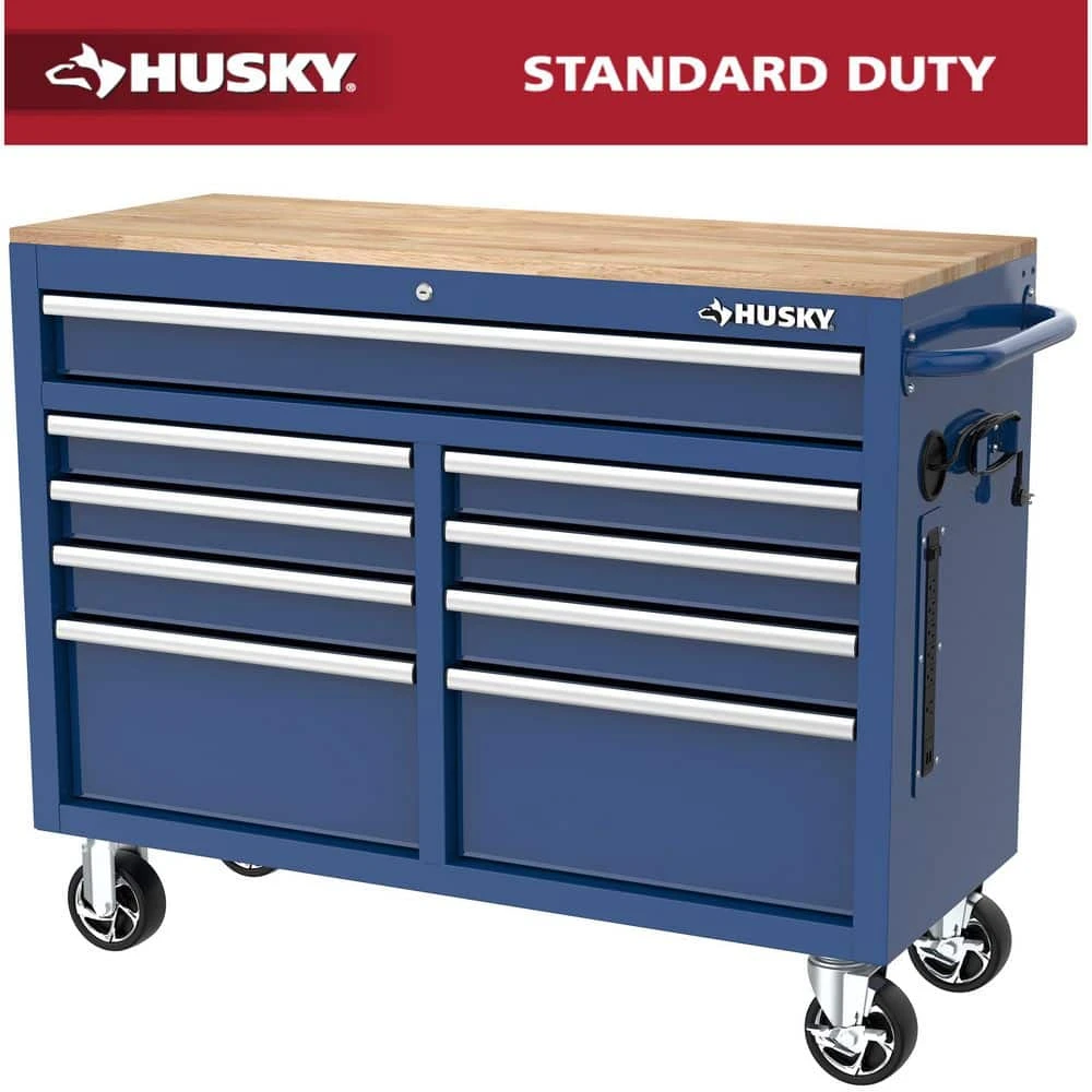 Husky Tool Storage 46 In. W X 18 In. D 9-Drawer Gloss Blue Mobile Workbench Cabinet 1 Husky Tool Storage 46 In. W X 18 In. D 9-Drawer Gloss Blue Mobile Workbench Cabinet