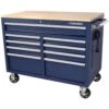 Husky 46 In. W X 24.5 In. D Standard Duty 9-Drawer Mobile Workbench Cabinet With Solid Wood Top In Gloss Blue -Husky Shop gloss blue with silver trim husky mobile workbenches h46mwc9gbv2 64 1000