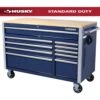 Husky 52 In. W X 25 In. D 10-Drawer Mobile Workbench Tool Chest With Solid Wood Work Top In Gloss Blue -Husky Shop gloss blue with silver trim husky mobile workbenches h52mwc10blu 64 1000