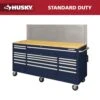 Husky 72 In. W X 24 In. D 18-Drawer Standard Duty Mobile Workbench Tool Chest With Solid Wood Top And Pegboard In Gloss Blue -Husky Shop gloss blue with silver trim husky mobile workbenches hotc7218b32m 64 1000