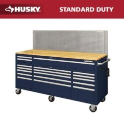 Husky 72 In. W X 24 In. D 18-Drawer Standard Duty Mobile Workbench Tool Chest With Solid Wood Top And Pegboard In Gloss Blue