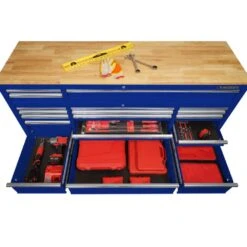 Husky 72 In. W X 24 In. D 18-Drawer Standard Duty Mobile Workbench Tool Chest With Solid Wood Top And Pegboard In Gloss Blue -Husky Shop gloss blue with silver trim husky mobile workbenches hotc7218b32m a0 1000
