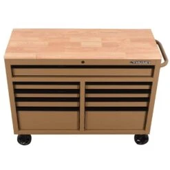 Husky Standard Duty 46 In. W X 18 In. D 9-Drawer Gloss Tan Mobile Workbench Cabinet With Solid Wood Top -Husky Shop gloss desert tan husky mobile workbenches h46x18mwc9tan a0 1000