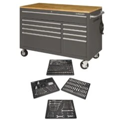 Husky 52 In. W X 25 In. D 9-Drawer Gloss Gray Mobile Workbench Tool Chest With Mechanics Tool Set In Foam (320-Piece)