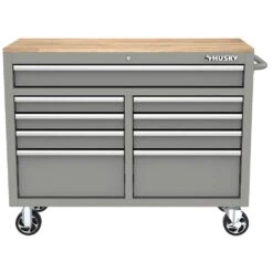 Husky Tool Storage 46 In. W Gloss Gray Mobile Workbench Cabinet -Husky Shop gloss gray husky mobile workbenches h46x18mwc9gry 1d 1000
