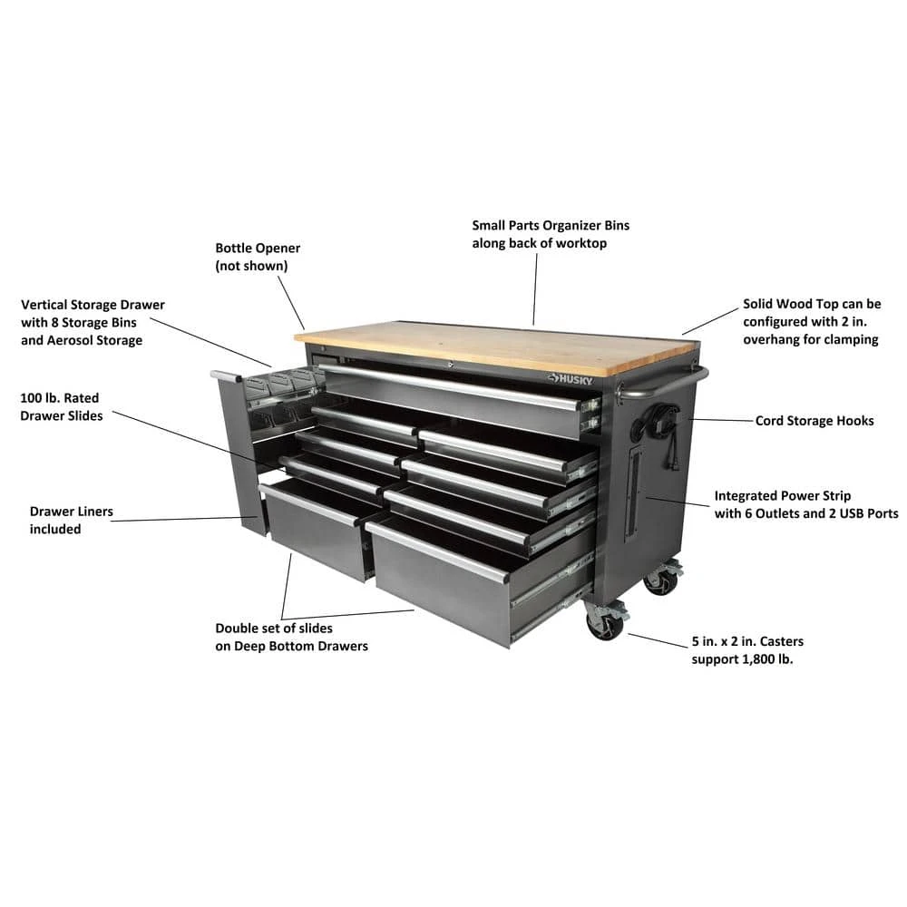 Husky 61 In. W X 24 In. D Standard Duty 10-Drawer Mobile Workbench Tool Chest With Sliding Bin Storage Drawer In Silver 3 Husky 61 In. W X 24 In. D Standard Duty 10-Drawer Mobile Workbench Tool Chest With Sliding Bin Storage Drawer In Silver - Image 3