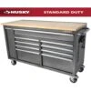 Husky 61 In. W X 24 In. D Standard Duty 10-Drawer Mobile Workbench Tool Chest With Sliding Bin Storage Drawer In Silver 10 Husky 61 In. W X 24 In. D Standard Duty 10-Drawer Mobile Workbench Tool Chest With Sliding Bin Storage Drawer In Silver -Husky Shop gloss gray with silver trim husky mobile workbenches h61mwc10sr 64 1000