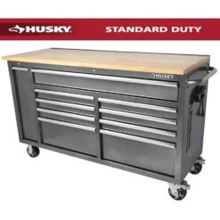 Husky 61 In. W X 24 In. D Standard Duty 10-Drawer Mobile Workbench Tool Chest With Sliding Bin Storage Drawer In Silver