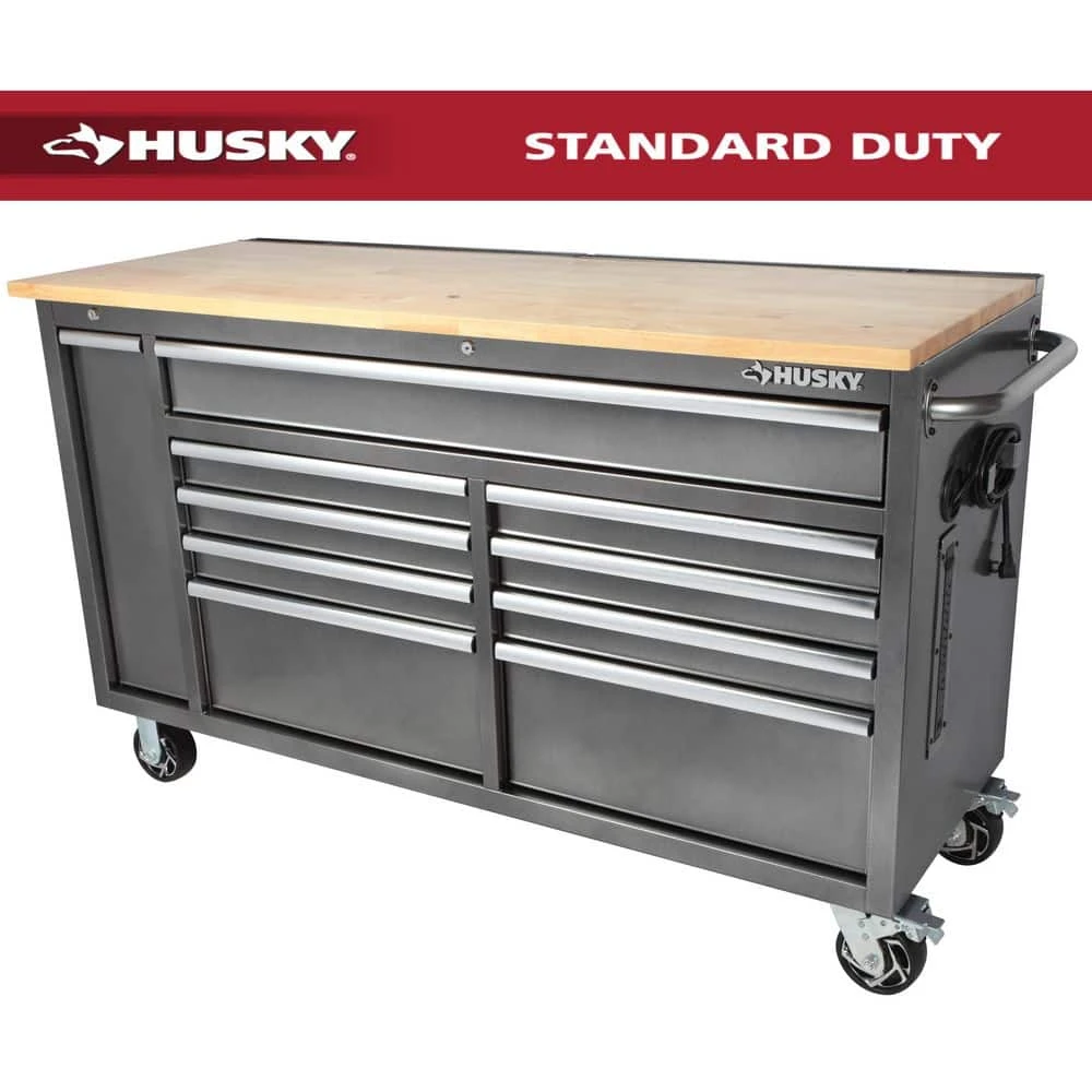 Husky 61 In. W X 24 In. D Standard Duty 10-Drawer Mobile Workbench Tool Chest With Sliding Bin Storage Drawer In Silver 1 Husky 61 In. W X 24 In. D Standard Duty 10-Drawer Mobile Workbench Tool Chest With Sliding Bin Storage Drawer In Silver