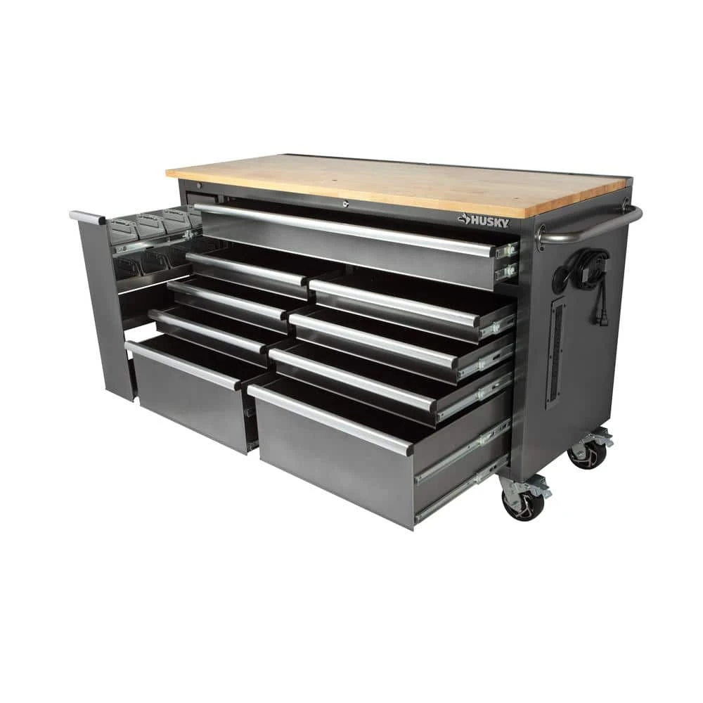 Husky 61 In. W X 24 In. D Standard Duty 10-Drawer Mobile Workbench Tool Chest With Sliding Bin Storage Drawer In Silver 4 Husky 61 In. W X 24 In. D Standard Duty 10-Drawer Mobile Workbench Tool Chest With Sliding Bin Storage Drawer In Silver - Image 4