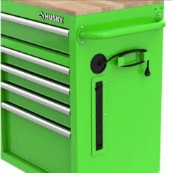 Husky 46 In. W X 18 In. D 9-Drawer Gloss Green Mobile Workbench Cabinet With Solid Wood Top -Husky Shop gloss green husky mobile workbenches h46x18mwc9grn 4f 1000