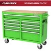 Husky 46 In. W X 18 In. D 9-Drawer Gloss Green Mobile Workbench Cabinet With Solid Wood Top -Husky Shop gloss green husky mobile workbenches h46x18mwc9grn 64 1000