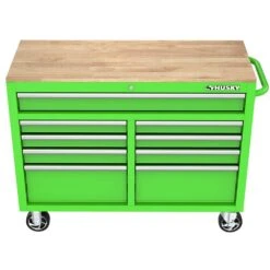 Husky 46 In. W X 18 In. D 9-Drawer Gloss Green Mobile Workbench Cabinet With Solid Wood Top -Husky Shop gloss green husky mobile workbenches h46x18mwc9grn a0 1000