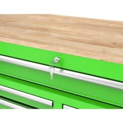 Husky 46 In. W X 18 In. D 9-Drawer Gloss Green Mobile Workbench Cabinet With Solid Wood Top -Husky Shop gloss green husky mobile workbenches h46x18mwc9grn c3 1000