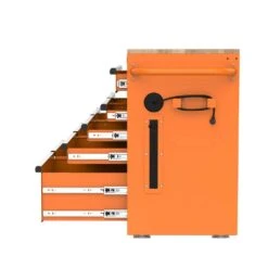 Husky 46 In. W X 18 In. D 9-Drawer Gloss Orange Mobile Workbench Cabinet With Solid Wood Top -Husky Shop gloss orange husky mobile workbenches h46x18mwc9org 44 1000