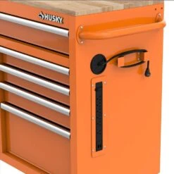 Husky 46 In. W X 18 In. D 9-Drawer Gloss Orange Mobile Workbench Cabinet With Solid Wood Top -Husky Shop gloss orange husky mobile workbenches h46x18mwc9org 4f 1000