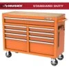 Husky 46 In. W X 18 In. D 9-Drawer Gloss Orange Mobile Workbench Cabinet With Solid Wood Top -Husky Shop gloss orange husky mobile workbenches h46x18mwc9org 64 1000