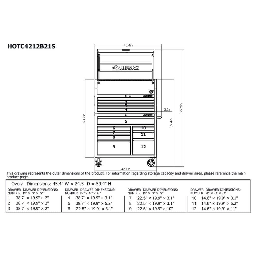 Husky 42 In. 12-Drawer 24.5 In. Deep Tool Chest/Rolling Cab Set Gross Red 4 Husky 42 In. 12-Drawer 24.5 In. Deep Tool Chest/Rolling Cab Set Gross Red - Image 4