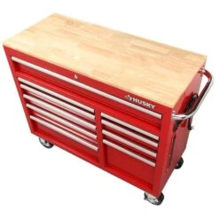 Husky 42 In. W X 18.1 In. D Standard Duty 10-Drawer Mobile Workbench Tool Chest With Solid Wood Top In Gloss Red -Husky Shop gloss red with silver finishes husky mobile workbenches h42mwc10r tl 44 1000
