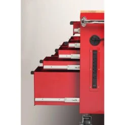 Husky 42 In. W X 18.1 In. D Standard Duty 10-Drawer Mobile Workbench Tool Chest With Solid Wood Top In Gloss Red -Husky Shop gloss red with silver finishes husky mobile workbenches h42mwc10r tl 4f 1000