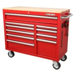 Husky 42 In. W X 18.1 In. D Standard Duty 10-Drawer Mobile Workbench Tool Chest With Solid Wood Top In Gloss Red