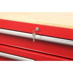Husky 42 In. W X 18.1 In. D Standard Duty 10-Drawer Mobile Workbench Tool Chest With Solid Wood Top In Gloss Red -Husky Shop gloss red with silver finishes husky mobile workbenches h42mwc10r tl 76 1000