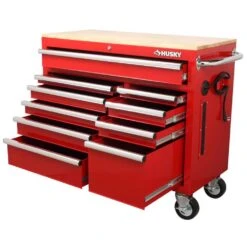 Husky 42 In. W X 18.1 In. D Standard Duty 10-Drawer Mobile Workbench Tool Chest With Solid Wood Top In Gloss Red -Husky Shop gloss red with silver finishes husky mobile workbenches h42mwc10r tl 77 1000