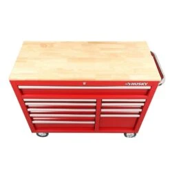 Husky 42 In. W X 18.1 In. D Standard Duty 10-Drawer Mobile Workbench Tool Chest With Solid Wood Top In Gloss Red -Husky Shop gloss red with silver finishes husky mobile workbenches h42mwc10r tl a0 1000