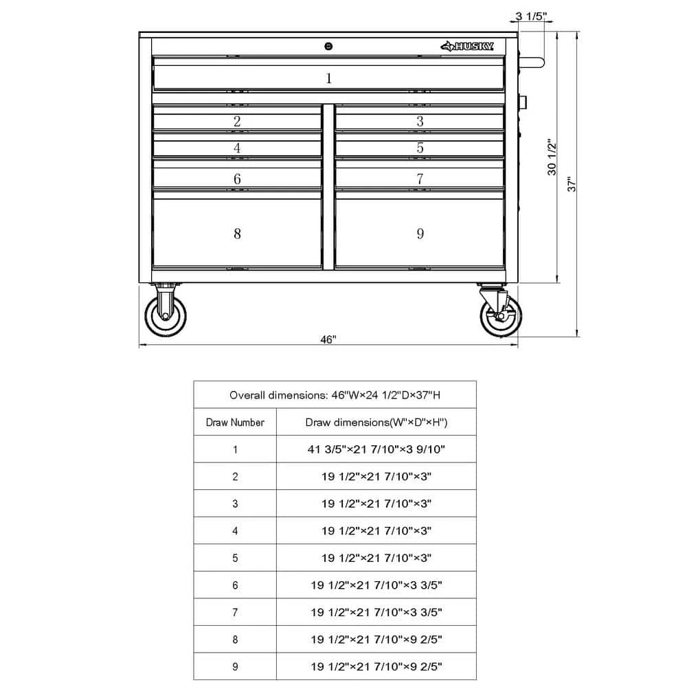 Husky 46 In. W X 24.5 In D Standard Duty 9-Drawer Mobile Workbench With Mechanics Tool Set (290-Piece) In EVA In Gloss Red 2 Husky 46 In. W X 24.5 In D Standard Duty 9-Drawer Mobile Workbench With Mechanics Tool Set (290-Piece) In EVA In Gloss Red - Image 2