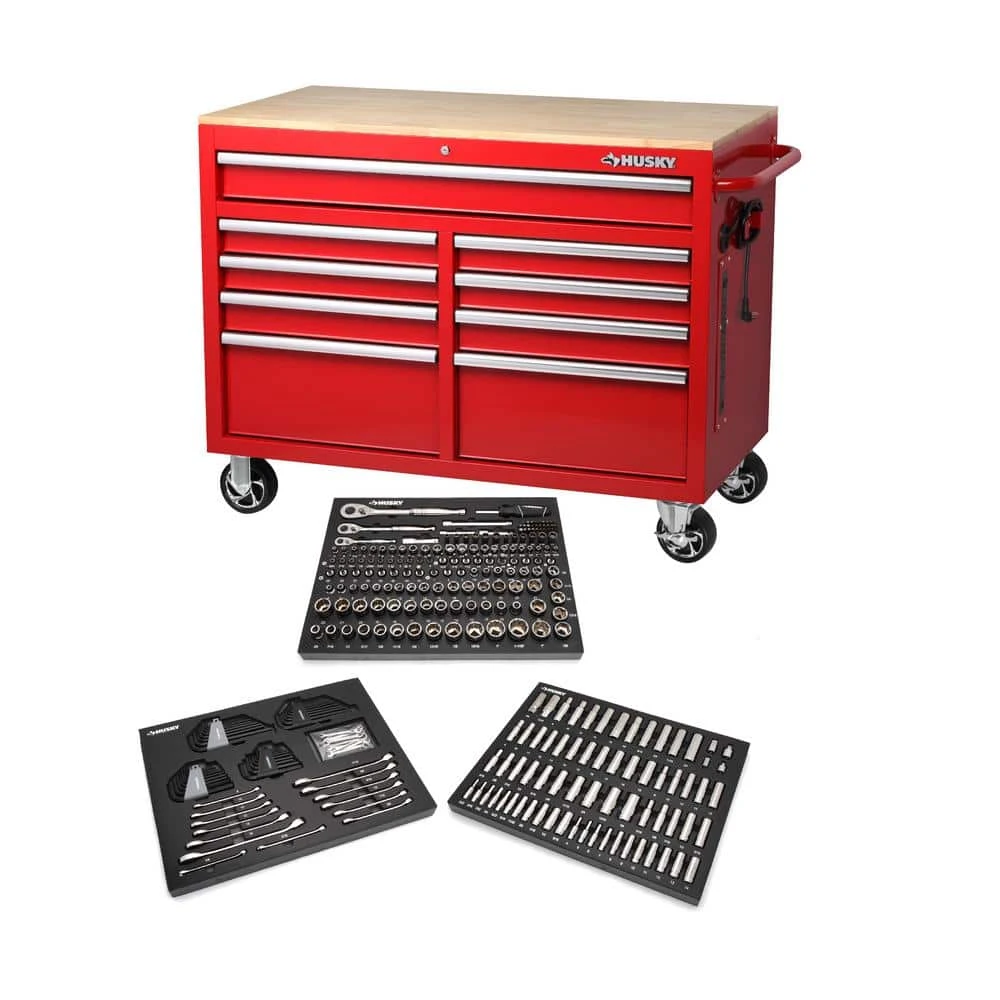Husky 46 In. W X 24.5 In D Standard Duty 9-Drawer Mobile Workbench With Mechanics Tool Set (290-Piece) In EVA In Gloss Red 1 Husky 46 In. W X 24.5 In D Standard Duty 9-Drawer Mobile Workbench With Mechanics Tool Set (290-Piece) In EVA In Gloss Red