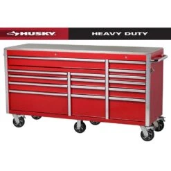 Husky 72 In. W X 24 In. D Heavy Duty 15-Drawer Mobile Workbench Cabinet With Stainless Steel Top In Gloss Red