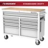 Husky Tool Storage 46 In. W X 18 In. D 9-Drawer Gloss White Mobile Workbench Cabinet -Husky Shop gloss white husky mobile workbenches h46x18mwc9wht 64 1000