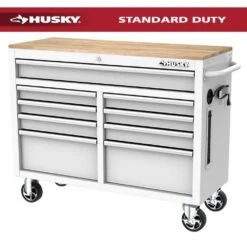 Husky Tool Storage 46 In. W X 18 In. D 9-Drawer Gloss White Mobile Workbench Cabinet